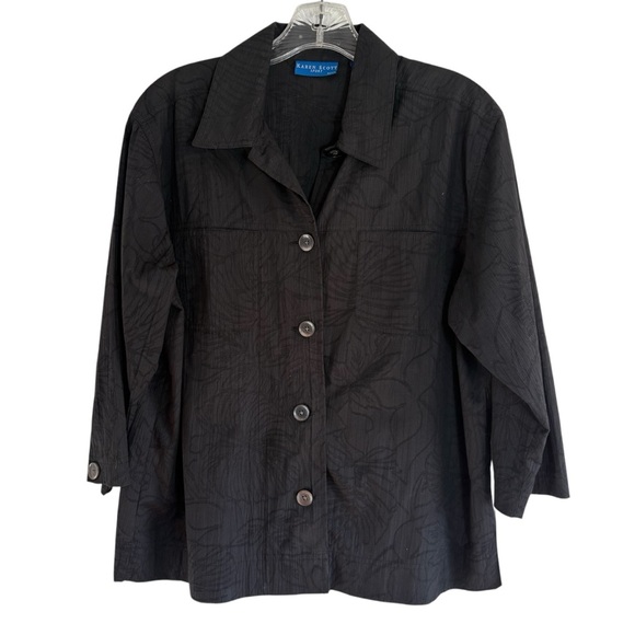 🌺KAREN SCOTT Lightweight Cotton Blend Patterned Top in Black Size PETITE Large🌺 - Picture 1 of 5